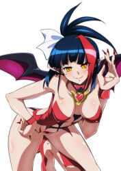 Rule 34 | 1girl, bat wings, black hair, blush, breasts, closed mouth, covered erect nipples, fang, fingernails, hand on own hip, highres, large breasts, long fingernails, millaarc, multicolored hair, nail polish, navel, pointy ears, red hair, senki zesshou symphogear, simple background, solo, tappa (esperanza), white background, wings, yellow eyes