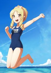 Rule 34 | 10s, 1girl, alternate hairstyle, blonde hair, blush, breasts, brown eyes, collarbone, drill hair, eromanga sensei, looking at viewer, medium breasts, one-piece swimsuit, open mouth, putcher, school swimsuit, short hair, smile, solo, swimsuit, yamada elf