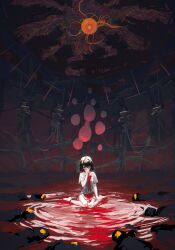 Rule 34 | 1girl, absurdres, black hair, blood, blood on clothes, death, highres, laboratory, looking at viewer, mia (39565899), multiple others, original, pool of blood, science fiction, seiza, shirt, short hair, sitting, white shirt