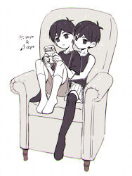 Rule 34 | 2boys, :o, antenna hair, armchair, bare shoulders, between legs, black eyes, black hair, black shirt, black tank top, black thighhighs, bright pupils, brown shorts, chair, child, chromatic aberration, collarbone, commentary request, dot nose, dual persona, earbuds, earphones, expressionless, flat color, full body, highres, holding, kneehighs, knees up, male focus, multiple boys, no shoes, omori, omori (omori), on chair, shared earphones, shirt, short hair, short sleeves, shorts, simple background, sitting, socks, sunny (omori), t-shirt, tank top, thighhighs, toastytoast, walkman, white background, white pupils, white shorts, white socks