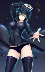 Rule 34 | 1girl, black hair, clothes lift, covered navel, dress, dress lift, fubuki (one-punch man), glowing, green eyes, highres, impossible clothes, impossible dress, jilllxlxl, looking at viewer, one-punch man, panties, rock, short hair, solo, thighhighs, underwear