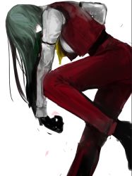 Rule 34 | 1girl, ascot, black footwear, black gloves, chinese commentary, commentary, foot out of frame, gloves, green hair, kazami yuuka, kazami yuuka (pc-98), leaning forward, long hair, long sleeves, looking down, on ( l0 ), pants, red pants, red vest, shirt, simple background, solo, standing, standing on one leg, touhou, touhou (pc-98), vest, white background, white shirt, yellow ascot