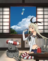 Rule 34 | 1girl, annin musou, black panties, blonde hair, blue sailor collar, blue skirt, blush, breasts, brown eyes, cloud, commentary request, day, elbow gloves, electric fan, food, fruit, gloves, hairband, highleg, highleg panties, holding, indoors, juice box, kantai collection, long hair, miniskirt, mountain, neckerchief, panties, parted lips, rensouhou-chan, sailor collar, shimakaze (kancolle), sitting, skirt, sky, sleeveless, small breasts, striped clothes, striped thighhighs, sweat, table, thighhighs, underwear, watermelon, white gloves, wind chime