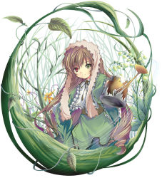 Rule 34 | 00s, 1girl, black ribbon, brown hair, character name, closed mouth, corset, dress, duplicate, english text, foreshortening, frilled sleeves, frills, green dress, green eyes, headset, heterochromia, holding, leaf, long hair, long sleeves, looking at viewer, outstretched arm, plant, red eyes, ribbon, rozen maiden, smile, solo, straightchromia, suiseiseki, upper body, very long hair, vines, watering can, wide sleeves, yamamoto nori