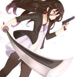 Rule 34 | 1girl, absurdres, black hair, black pantyhose, dress, dual wielding, earrings, enki (dragonfire), flat chest, foreshortening, gun, handgun, highres, holding, jacket, jewelry, katana, long hair, pantyhose, petals, pink eyes, pistol, solo, sword, trigger discipline, weapon