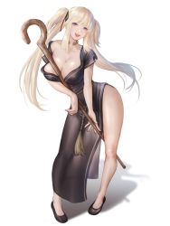 Rule 34 | 1girl, bare legs, black dress, black footwear, blonde hair, blue eyes, breasts, china dress, chinese clothes, cleavage, dress, full body, hair ribbon, high heels, highres, kurone rinka, large breasts, mabinogi, md5 mismatch, nao (mabinogi), resolution mismatch, ribbon, shadow, source larger, staff, standing, twintails, white background