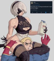 Rule 34 | 1girl, 2b (nier:automata), between thighs, black blindfold, black gloves, blindfold, blonde hair, blue eyes, blue jumpsuit, gloves, grey background, head between thighs, highres, homelander, jumpsuit, muscular, muscular female, muscular male, nier:automata, nier (series), red gloves, scissorhold, sweatdrop, the boys, thick thighs, thighs, twitter, white hair, yoracrab