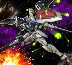 Rule 34 | asteroid, beam rifle, commentary, energy ball, energy gun, explosion, funnels (gundam), gundam, gundam age, gundam legilis, hiropon (tasogare no puu), light particles, looking at viewer, mecha, mobile suit, no humans, photo background, robot, science fiction, shield, solo, space, star (sky), weapon, wings