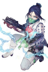 Rule 34 | 1girl, apex legends, blue eyes, bodysuit, breasts, bullpup, electricity, energy, floating hair, gloves, green gloves, gun, hair bun, highres, holding, holding gun, holding weapon, looking at viewer, mask, medium breasts, mouth mask, official alternate costume, p90, parted bangs, personal defense weapon, quarantine 722 wraith, shiori (moechin), solo, squatting, submachine gun, weapon, white background, white bodysuit, wraith (apex legends)