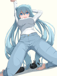 Rule 34 | 1girl, :d, alternate costume, anklet, aqua eyes, aqua hair, arm behind head, arm up, barefoot, breasts, casual, commentary request, denim, from below, hatsune miku, highres, jeans, jewelry, kneeling, long hair, long sleeves, looking at viewer, looking down, medium breasts, open mouth, pants, shoes, unworn shoes, simple background, smile, solo, stretching, sweater, twintails, twitter username, very long hair, vocaloid, white background, white sweater, yukichi (yu-ame)