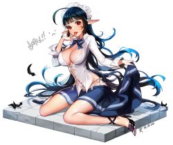 Rule 34 | !, 1girl, ahoge, animal ears, black footwear, blue bow, blue bowtie, blue hair, blue skirt, bow, bowtie, breasts, cleavage, collared shirt, cross-laced footwear, dated, ddongu, dress shirt, feathers, female focus, full body, high heels, korean text, large breasts, licking, licking finger, long hair, long sleeves, looking at viewer, loose clothes, maid headdress, no socks, on floor, open mouth, original, panties, pointy ears, red eyes, saliva, saliva trail, shirt, shoes, side slit, simple background, sitting, skirt, skirt hold, sleeves rolled up, solo, tongue, tongue out, translation request, underwear, very long hair, white background, white panties, white shirt
