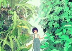 Rule 34 | 1girl, bad id, bad pixiv id, black eyes, black hair, collared shirt, cowboy shot, hand up, highres, leaf, mablex, no nose, original, outdoors, overalls, plant, shirt, short hair, solo, white shirt, wide shot