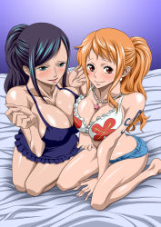 Rule 34 | 2girls, barefoot, bikini, bikini top only, black hair, blue eyes, blush, breast press, breasts squeezed together, breasts, cleavage, dress, earrings, highres, huge breasts, jewelry, large breasts, legs, long hair, looking at viewer, multiple girls, nami (one piece), necklace, nel-zel formula, nico robin, one piece, open mouth, orange hair, ponytail, red eyes, short shorts, shorts, sitting, smile, swimsuit, tattoo, thighs