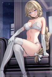 Rule 34 | 1girl, black choker, blush, boots, bra, braid, braided ponytail, breasts, building, choker, closed mouth, collarbone, commentary request, commission, couch, earrings, elbow gloves, fate/grand order, fate (series), feet out of frame, gloves, highres, indoors, jeanne d&#039;arc (fate), jewelry, light brown hair, long hair, looking at viewer, medium breasts, navel, night, night sky, on couch, panties, purple eyes, single braid, sitting, skeb commission, sky, smile, solo, suzumori (su2525), thigh boots, thighhighs, underwear, white bra, white gloves, white panties, white thighhighs