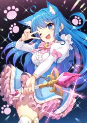 Rule 34 | 1girl, :d, absurdres, ahoge, alternate costume, animal ear piercing, animal ears, blue eyes, blue hair, blue skirt, blush, bow, bowtie, buttons, cat brooch, center frills, commentary request, cowboy shot, dog ears, dog girl, earrings, frills, highres, holding, holding wand, jewelry, juliet sleeves, long hair, long sleeves, looking at viewer, magical girl, medium bangs, nanashi inc., nishino eri, one eye closed, open mouth, petticoat, pink bow, pink bowtie, pink gemstone, puffy sleeves, shirt, single earring, skirt, sleeve bow, smile, solo, souya ichika, sparkle, v over eye, very long hair, virtual youtuber, wand, white shirt