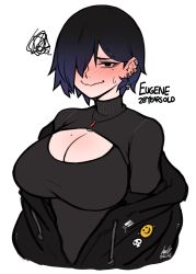 Rule 34 | 1girl, bags under eyes, black hair, black sweater, blush, breasts, character age, character name, cleavage, cleavage cutout, clothing cutout, cross, cross earrings, drawstring, earclip, earrings, eugene (ginseng), full-face blush, ginseng (xin), hood, hoodie, inverted cross, jewelry, large breasts, mole, mole on breast, mole under eye, multiple moles, off shoulder, open clothes, open hoodie, original, pendant, short hair, solo, squiggle, sweater, turtleneck, turtleneck sweater