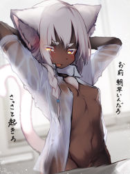 Rule 34 | 1girl, absurdres, animal ears, arms up, blurry, blush, bottomless, braid, breasts, brown eyes, cat ears, cat tail, depth of field, female focus, furry, furry female, highres, navel, open clothes, open mouth, open shirt, original, see-through, single braid, small breasts, solo, tab head, tail, white hair