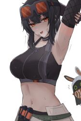 1girl :d armpits arms_up bangboo_(zenless_zone_zero) bare_shoulders black_choker black_hair choker crop_top goggles goggles_on_head grace_howard highres long_hair looking_at_viewer midriff namikare navel open_mouth orange_eyes simple_background smile solo sports_bra stomach upper_body white_background zenless_zone_zero