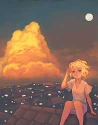 Rule 34 | 1girl, blonde hair, blue eyes, cityscape, cloud, female focus, lowres, original, outdoors, rooftop, sitting, sky, solo, sunset, weno, weno&#039;s blonde original character