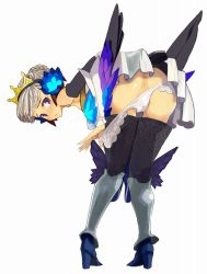 Rule 34 | 1girl, anus, armor, armored dress, ass, bent over, blush, boots, crown, forgotten artist, gwendolyn (odin sphere), hat, multicolored wings, odin sphere, panties, panty pull, purple eyes, skirt, solo, thigh boots, thighhighs, underwear, white hair, wings