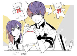 Rule 34 | 1boy, 1girl, ^^^, bad id, bad pixiv id, brother and sister, death note, highres, multicolored hair, needle, nigelungdayo, purple hair, red hair, sewing, sewing needle, shirt, siblings, sitting, stuffed animal, stuffed toy, t-shirt, teddy bear, two-tone hair, yagami light, yagami sayu