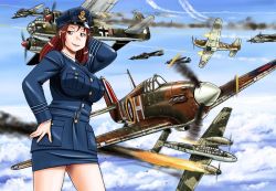 Rule 34 | 1girl, aerial battle, aircraft, airplane, battle, bf 110, breasts, cloud, contrail, day, hat, hawker hurricane, historical event, junkers ju 88, large breasts, luftwaffe, mc axis, military, royal air force, sao satoru, solo, uniform, vehicle focus, world war ii