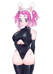 Rule 34 | 1girl, animal ears, artist logo, artist name, bare hips, bare shoulders, black gloves, black leotard, black thighhighs, blue eyes, bob cut, breasts, chromatic aberration, closed mouth, clothing cutout, commentary, ear piercing, elbow gloves, english commentary, gloves, groin, hairband, highres, large breasts, leotard, looking down, nose, original, piercing, pink hair, rabbit ears, raised eyebrows, short bangs, simple background, solo, stephringo, thick eyebrows, thighhighs, thighs, two side up, underboob, underboob cutout, unzipping, white background, white hairband