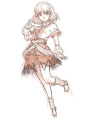 Rule 34 | 1girl, arm warmers, barefoot, blush, full body, highres, kuro suto sukii, looking at viewer, mizuhashi parsee, monochrome, scarf, short hair, simple background, sketch, solo, toeless legwear, toes, touhou, white background