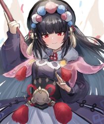 Rule 34 | 1girl, absurdres, black hair, blush, character name, closed mouth, confetti, copyright request, dress, genshin impact, hair ornament, highres, holding, holding staff, horn/wood, long hair, long sleeves, looking at viewer, purple dress, red eyes, smile, solo, staff, yun jin (genshin impact)