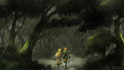 Rule 34 | 1boy, 1girl, blonde hair, dress, forest, from behind, highres, holding, la-sera, link, long hair, master sword, nature, nintendo, pointy ears, ponytail, princess zelda, rain, running, scabbard, scenery, sheath, short ponytail, sword, the legend of zelda, the legend of zelda: breath of the wild, tree, weapon