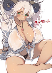 Rule 34 | 1girl, :o, absurdres, arm support, barefoot, black panties, blush, bracelet, breasts, collarbone, covered erect nipples, curled horns, dress shirt, gougasha akira, gougasha akira (character), green eyes, gyaru, hair between eyes, heart, heart necklace, highres, horns, huge breasts, indian style, indie virtual youtuber, jewelry, kogal, lipstick, long hair, long sleeves, looking at viewer, makeup, nail polish, necklace, no bra, open clothes, open shirt, original, panties, parted lips, red nails, sheep horns, shirt, shirt tug, simple background, sitting, sleeves rolled up, solo, tan, thighs, twintails, underwear, virtual youtuber, wet, wet clothes, wet shirt, white background, white hair, white shirt