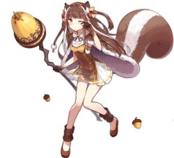 Rule 34 | 1girl, acorn, animal ear fluff, animal ears, ark order, blush, bow, breasts, brown cape, brown dress, brown eyes, brown footwear, brown gloves, brown hair, cape, closed mouth, dress, flats, full body, fur-trimmed cape, fur trim, gloves, hair bow, hairband, holding, holding staff, leg warmers, long hair, looking at viewer, official art, pom pom (clothes), ratatoskr (ark order), red bow, rubbing eyes, sidelocks, sleepy, sleeveless, sleeveless dress, small breasts, solo, squirrel ears, squirrel girl, squirrel tail, staff, tachi-e, tail, transparent background, two side up, white dress, yellow bow, yellow hairband, yue yue