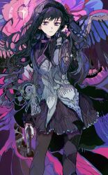 1girl absurdres akemi_homura akemi_homura_(magical_girl) black_hair black_headband closed_mouth grey_shirt headband highres long_hair long_sleeves looking_at_viewer mahou_shoujo_madoka_magica mahou_shoujo_madoka_magica_(anime) multicolored_background pink_background purple_background purple_eyes purple_skirt shirt skirt solo yadu_nadu