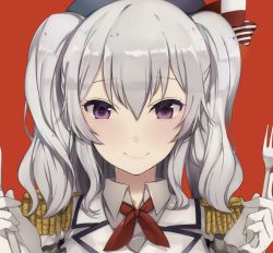 Rule 34 | 10s, 1girl, blue eyes, blush, breasts, face, female focus, fork, gloves, hat, kantai collection, kashima (kancolle), knife, large breasts, military, military uniform, oniku (oishii oniku), silver hair, smile, solo, twintails, uniform, wavy hair, white gloves