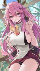 Rule 34 | 1girl, animal ears, bare shoulders, breast hold, breasts, bubble tea challenge, catsmoon, cup, drinking glass, drinking straw, earrings, fox ears, genshin impact, hair between eyes, hair ornament, highres, jewelry, large breasts, long hair, looking at viewer, nontraditional miko, pink hair, plant, sidelocks, sitting, solo, table, thighs, v, yae miko