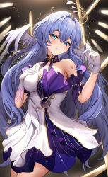 Rule 34 | 1girl, :d, absurdres, bare shoulders, black background, blue eyes, blue hair, blush, breasts, cleavage, commentary request, cowboy shot, detached collar, detached sleeves, dress, gloves, grin, hair between eyes, hair intakes, halo, hand on own chest, hand up, head wings, highres, honkai: star rail, honkai (series), large breasts, layered clothes, legs together, light particles, long hair, looking at viewer, open mouth, purple skirt, purple sleeves, robin (honkai: star rail), short sleeves, shouhaku0512, sidelocks, simple background, skirt, smile, solo, strapless, strapless dress, teeth, white dress, white gloves, wings