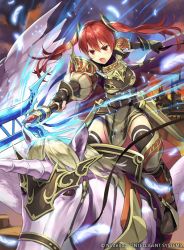 Rule 34 | 1girl, armor, company name, copyright name, fingerless gloves, fire emblem, fire emblem awakening, fire emblem cipher, gloves, hmk84, holding, holding spear, holding weapon, long hair, nintendo, official art, open mouth, pegasus, pegasus knight uniform (fire emblem), polearm, red eyes, red hair, riding, severa (fire emblem), solo, spear, thighhighs, twintails, weapon