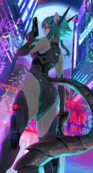 Rule 34 | 1girl, animal ears, artist request, ass, building, cyberpunk, cyberpunk (series), detached sleeves, green hair, gun, holding, holding weapon, looking back, mechanical legs, moon, neon lights, neonpurrs, night, red eyes, serious, source request, tail, virtual youtuber, weapon