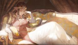 Rule 34 | 1girl, arm rest, armor, blue gemstone, breasts, brown hair, closed mouth, commentary, couch, curtains, day, dress, earrings, elbow gloves, elbow rest, english commentary, eyelashes, closed eyes, feet out of frame, gem, gloves, hair ribbon, hand on own face, hand up, head rest, highres, indoors, jewelry, knee up, layered dress, long hair, lying, minami cha, nintendo, on back, on couch, pauldrons, pillow, pointy ears, princess zelda, print gloves, reclining, ribbon, shoulder armor, sidelocks, sleeping, sleeping upright, sleeveless, sleeveless dress, small breasts, solo, sunlight, the legend of zelda, the legend of zelda: twilight princess, tiara, tress ribbon, white gloves