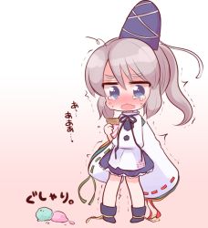 Rule 34 | 1girl, bad id, bad pixiv id, blue eyes, blush, crying, crying with eyes open, food, gradient background, hat, ice cream, ice cream cone, japanese clothes, kariginu, mashiro miru, mononobe no futo, open mouth, pigeon-toed, ponytail, silver hair, simple background, solo, tate eboshi, tears, touhou, translation request, trembling, wavy mouth