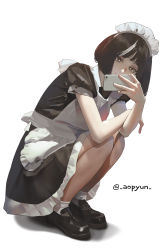 Rule 34 | 1girl, absurdres, apron, black dress, black footwear, black hair, brown eyes, cellphone, closed mouth, commentary, dress, full body, highres, holding, holding phone, loafers, looking at phone, maid, maid apron, maid headdress, original, phone, rocher-hd, selfie, shadow, shoes, short hair, short sleeves, simple background, smartphone, smile, socks, solo, squatting, taking picture, twitter username, white apron, white background, white socks