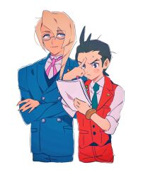 Rule 34 | 2boys, ace attorney, antenna hair, apollo justice, blonde hair, blue eyes, blue jacket, blue pants, blue suit, bracelet, breast pocket, brown eyes, buttons, closed mouth, collared shirt, cowboy shot, cropped legs, crossed arms, dark-skinned male, dark skin, double-breasted, drill hair, forked eyebrows, formal, glasses, green necktie, grgrton, hair between eyes, holding, holding paper, holding pen, jacket, jewelry, kristoph gavin, lapel pin, lapels, long sleeves, male focus, medium hair, messy hair, multiple boys, neck ribbon, necktie, pants, paper, pen, pink ribbon, pocket, pointing at forehead, red pants, red suit, red vest, ribbon, semi-rimless eyewear, shirt, short hair, simple background, sleeves rolled up, smile, suit, sweat, under-rim eyewear, v-shaped eyebrows, vest, white background, white shirt