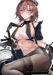 Rule 34 | 1girl, bare shoulders, bdsm, black bra, black gloves, black necktie, black pantyhose, blurry, blush, bra, breasts, brown hair, crossed bangs, cuffs, cum, cum on body, cum on clothes, depth of field, gloves, hair ornament, hairclip, handcuffs, hat, highres, higuchi madoka, idolmaster, idolmaster shiny colors, large breasts, looking at viewer, messy hair, misaka 12003-gou, mole, mole under eye, navel, necktie, pantyhose, parted lips, photo (object), short hair, shrug (clothing), simple background, sitting, solo, thighhighs, thighhighs over pantyhose, torn clothes, underwear, white background