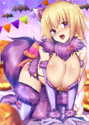 Rule 34 | 1girl, all fours, animal ears, bare shoulders, blonde hair, blue eyes, blurry, blush, braid, breasts, claws, commentary request, cosplay, depth of field, elbow gloves, fate/grand order, fate (series), fur-trimmed gloves, fur-trimmed legwear, fur collar, fur trim, gloves, halloween costume, head tilt, headpiece, heart, heart-shaped pupils, highres, jeanne d&#039;arc (fate), jeanne d&#039;arc (ruler) (fate), kawaruhi, lace, lace-trimmed legwear, lace trim, large breasts, long braid, long hair, mash kyrielight, mash kyrielight (dangerous beast), mash kyrielight (dangerous beast) (cosplay), o-ring, o-ring top, official alternate costume, open mouth, pumpkin, purple gloves, purple thighhighs, revealing clothes, shiny skin, single braid, symbol-shaped pupils, tail, thighhighs, very long hair, wolf ears, wolf tail