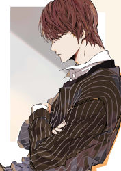 Rule 34 | 1boy, absurdres, bad id, bad pixiv id, bowl cut, brown hair, closed eyes, crossed arms, death note, highres, male focus, nigelungdayo, pinstripe pattern, sleeping, solo, striped, upper body, wing collar, yagami light