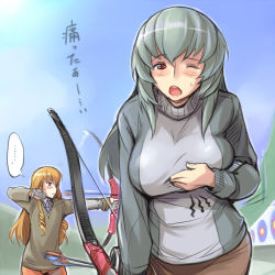 Rule 34 | ..., 00s, 2girls, archery, arrow (projectile), blonde hair, blue eyes, blush, bow (weapon), breast envy, breasts, casual, gloves, inconvenient breasts, large breasts, long hair, multiple girls, aged up, one eye closed, partially fingerless gloves, partly fingerless gloves, red eyes, rozen maiden, shinku, silver hair, single glove, suigintou, sweatdrop, sweater, tsuda nanafushi, weapon, wink, yugake
