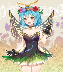 Rule 34 | 1girl, adapted costume, antennae, bare arms, bare shoulders, black dress, black gloves, blue hair, blush, breasts, butterfly wings, choker, cleavage, collarbone, commentary request, cowboy shot, dress, eternity larva, flower, flower wreath, gloves, green dress, green flower, hair flower, hair ornament, head wreath, holding, holding wand, insect wings, kaoling, leaf, looking at viewer, medium breasts, multicolored clothes, multicolored dress, open mouth, short hair, smile, solo, standing, strapless, strapless dress, thighs, touhou, wand, wings, yellow eyes