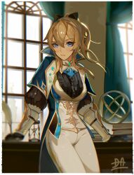 Rule 34 | 1girl, artist name, black bow, black gloves, black shirt, blonde hair, blue capelet, blue eyes, blush, book, book stack, border, bow, cameltoe, capelet, center frills, chromatic aberration, closed mouth, cowboy shot, curtains, da (datako), desk, frills, genshin impact, gloves, hair between eyes, hair bow, highres, hourglass, indoors, jean (genshin impact), jean (gunnhildr&#039;s legacy) (genshin impact), leaning on object, long hair, looking at viewer, official alternate costume, pants, ponytail, quill, shirt, signature, solo, vest, white border, white pants, white vest, window