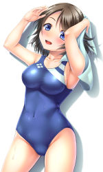 Rule 34 | 10s, 1girl, :d, blue eyes, blue one-piece swimsuit, breasts, brown hair, competition swimsuit, covered navel, love live!, love live! sunshine!!, medium breasts, noshimasa, one-piece swimsuit, one eye closed, open mouth, short hair, smile, solo, standing, swimsuit, towel, watanabe you