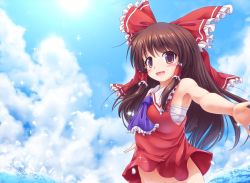 Rule 34 | 1girl, armpits, ascot, bare arms, bare shoulders, blue sky, blush, bottomless, bow, brown eyes, brown hair, cloud, day, groin, hair bow, hair tubes, hakurei reimu, highres, long hair, lzh, naked shirt, open mouth, out-of-frame censoring, outstretched arms, sarashi, shirt, sky, sleeveless, sleeveless shirt, smile, solo, sun, touhou, water